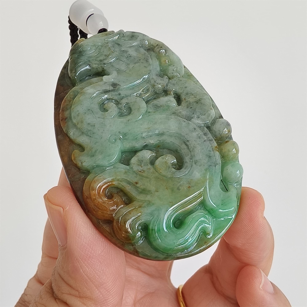 DDP 65mm Natural Certificated Green Brown Burmese Jadeite Oval Pendant With Phoenix Carved