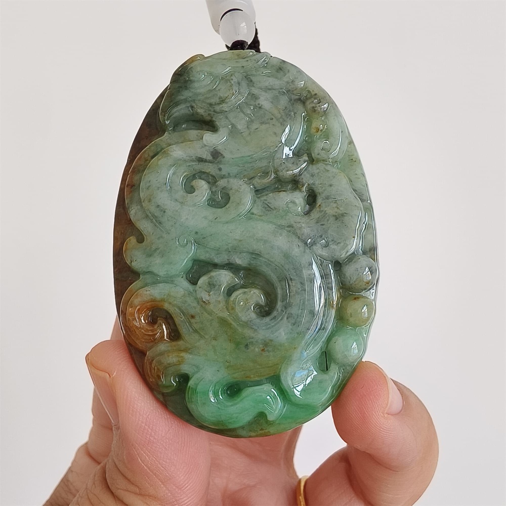 DDP 65mm Natural Certificated Green Brown Burmese Jadeite Oval Pendant With Phoenix Carved