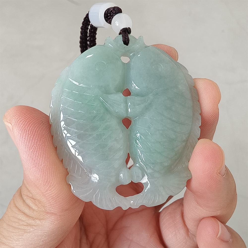 DDP 48mm Natural Certificated Type A Icy Green Burmese Jadeite Double Fish Pendant