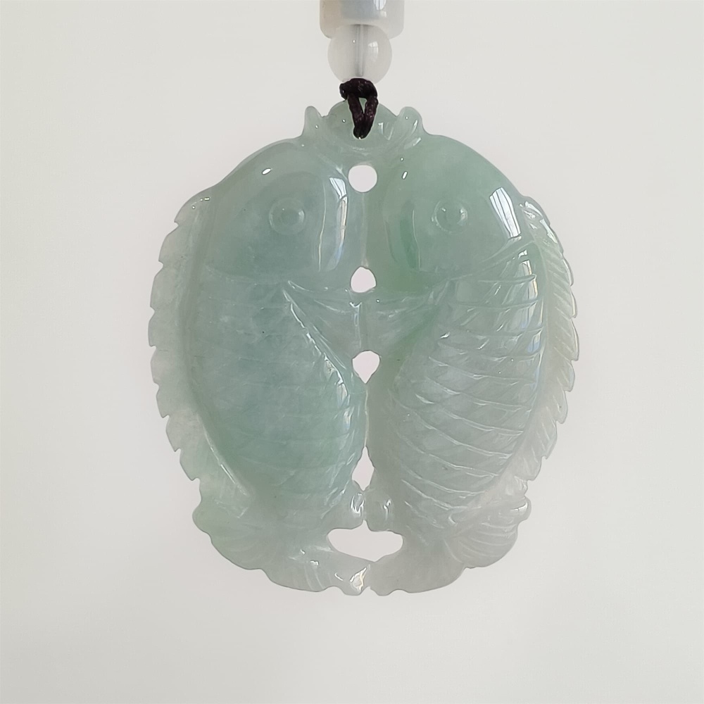 DDP 48mm Natural Certificated Type A Icy Green Burmese Jadeite Double Fish Pendant