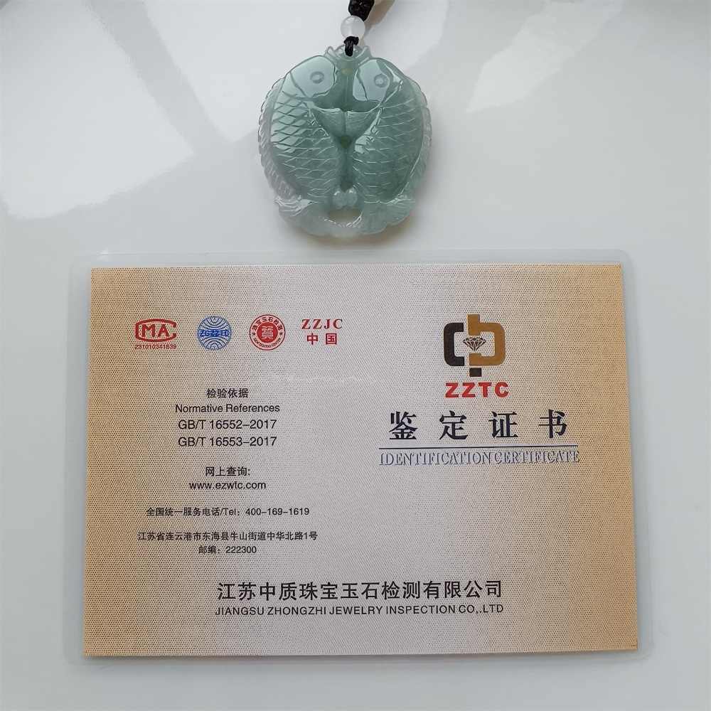 DDP 48mm Natural Certificated Type A Icy Green Burmese Jadeite Double Fish Pendant
