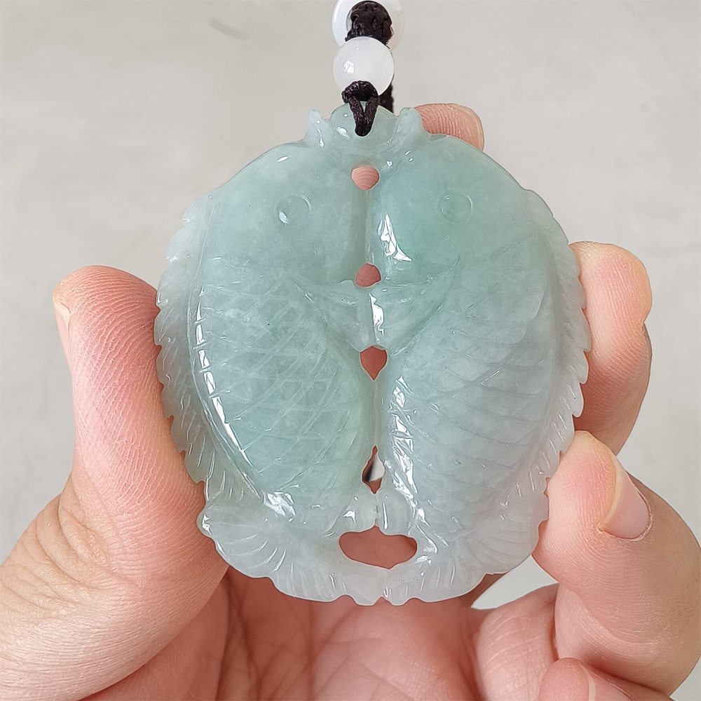 DDP 48mm Natural Certificated Type A Icy Green Burmese Jadeite Double Fish Pendant
