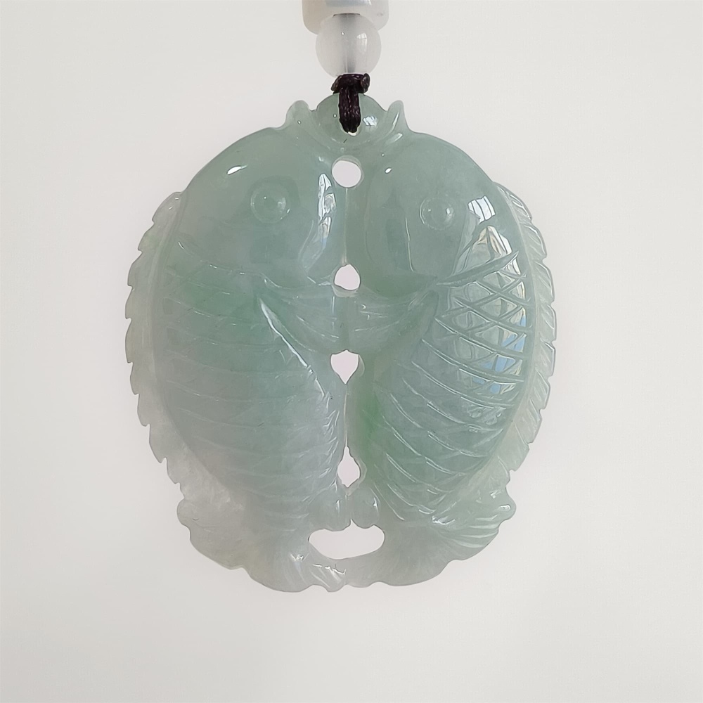 DDP 48mm Natural Certificated Type A Icy Green Burmese Jadeite Double Fish Pendant