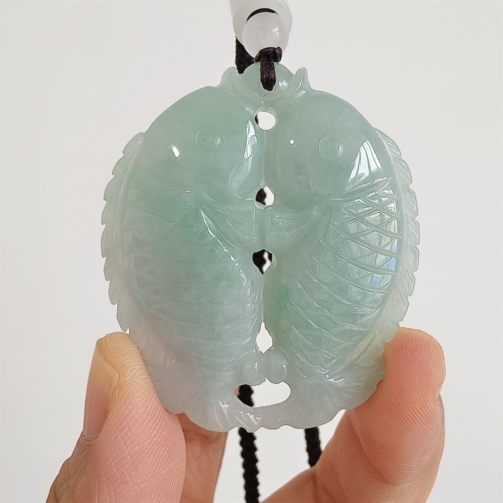 DDP 48mm Natural Certificated Type A Icy Green Burmese Jadeite Double Fish Pendant