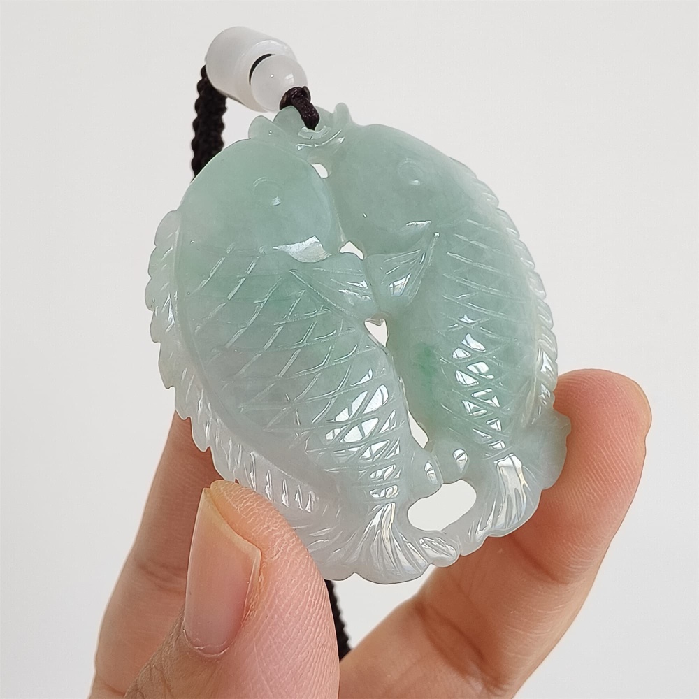 DDP 48mm Natural Certificated Type A Icy Green Burmese Jadeite Double Fish Pendant