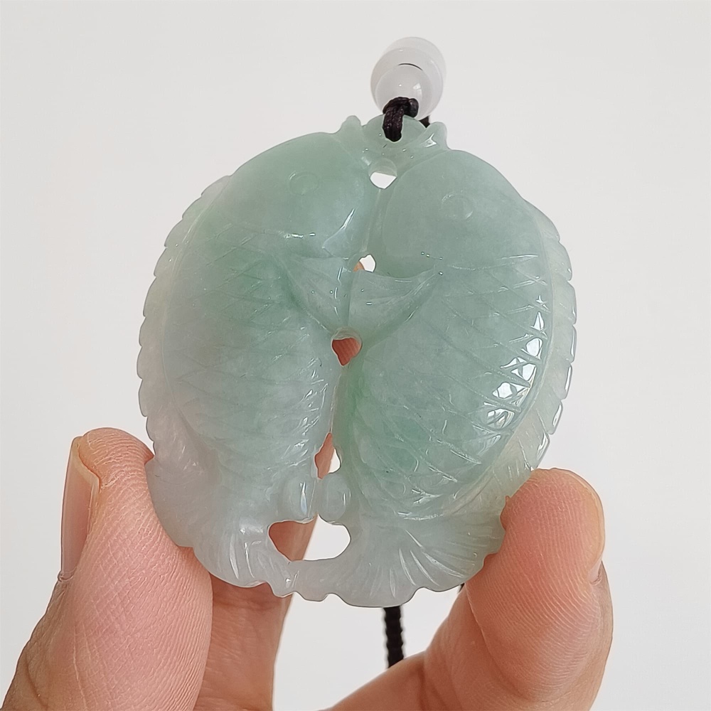 DDP 48mm Natural Certificated Type A Icy Green Burmese Jadeite Double Fish Pendant