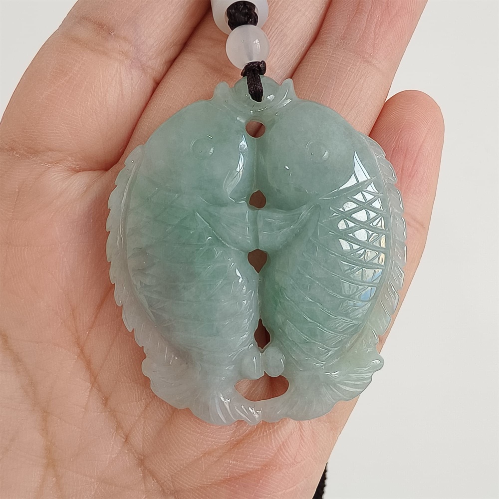 DDP 48mm Natural Certificated Type A Icy Green Burmese Jadeite Double Fish Pendant