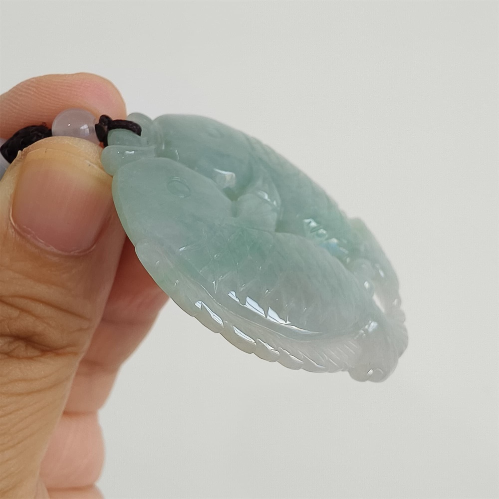 DDP 48mm Natural Certificated Type A Icy Green Burmese Jadeite Double Fish Pendant