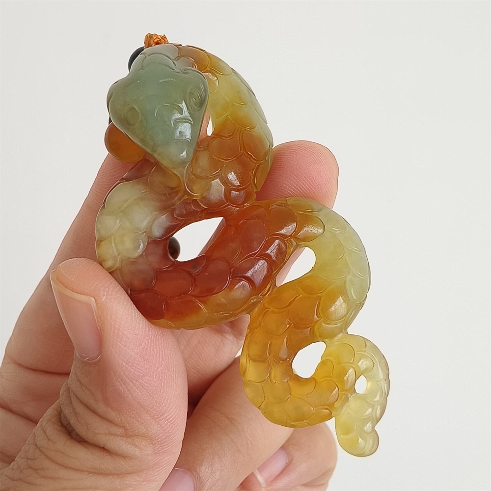 DDP 68.5mm Unique Untreated Natural Yellow Green Serpentine Jade Snake Amulet Pendant