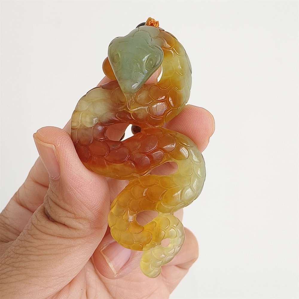 DDP 68.5mm Unique Untreated Natural Yellow Green Serpentine Jade Snake Amulet Pendant
