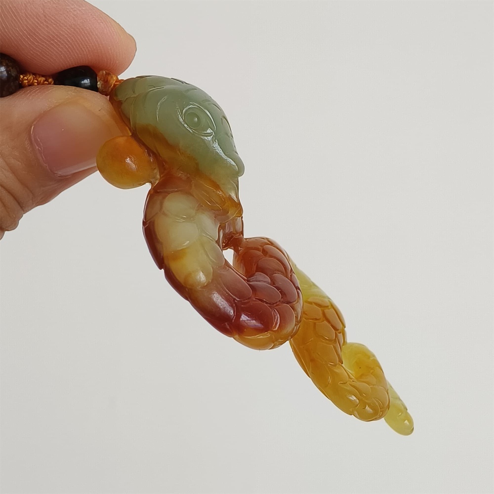 DDP 68.5mm Unique Untreated Natural Yellow Green Serpentine Jade Snake Amulet Pendant