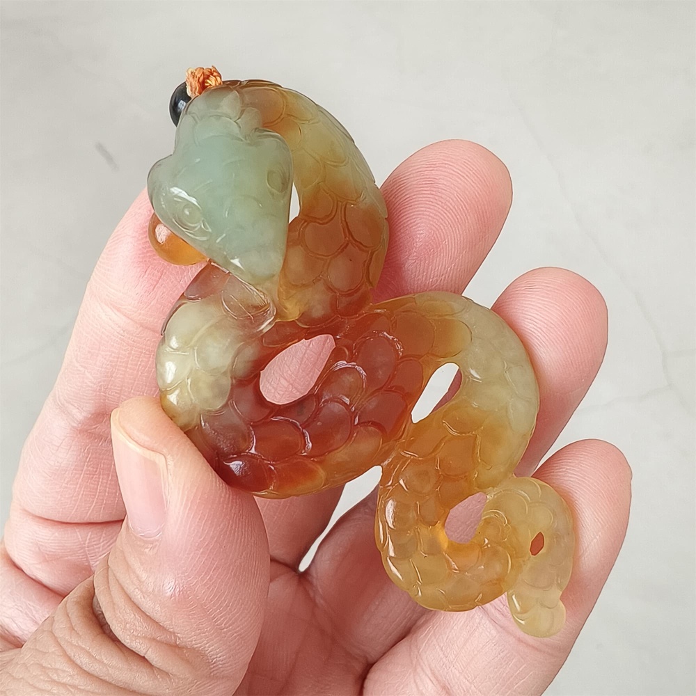 DDP 68.5mm Unique Untreated Natural Yellow Green Serpentine Jade Snake Amulet Pendant