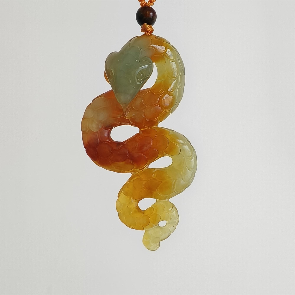 DDP 68.5mm Unique Untreated Natural Yellow Green Serpentine Jade Snake Amulet Pendant