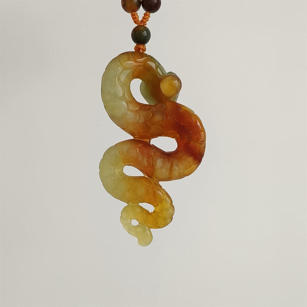DDP 68.5mm Unique Untreated Natural Yellow Green Serpentine Jade Snake Amulet Pendant