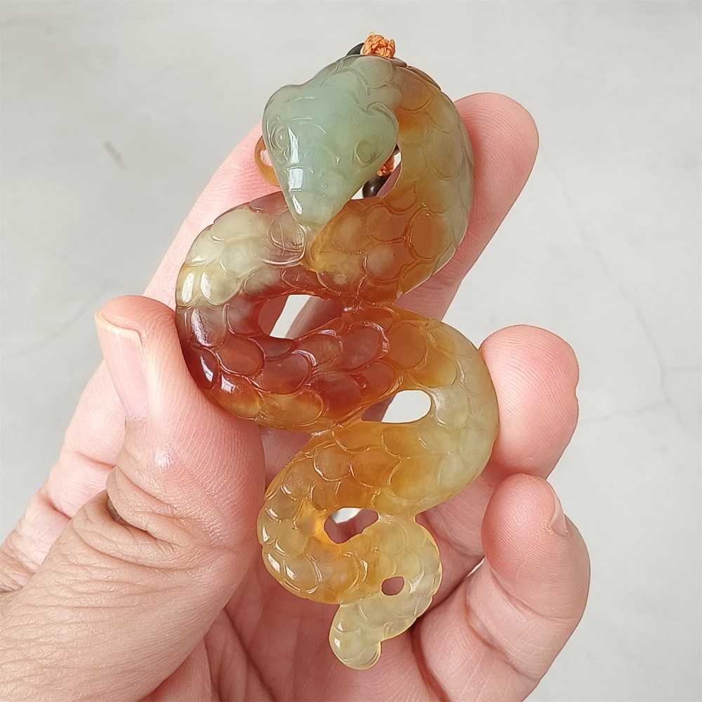 DDP 68.5mm Unique Untreated Natural Yellow Green Serpentine Jade Snake Amulet Pendant