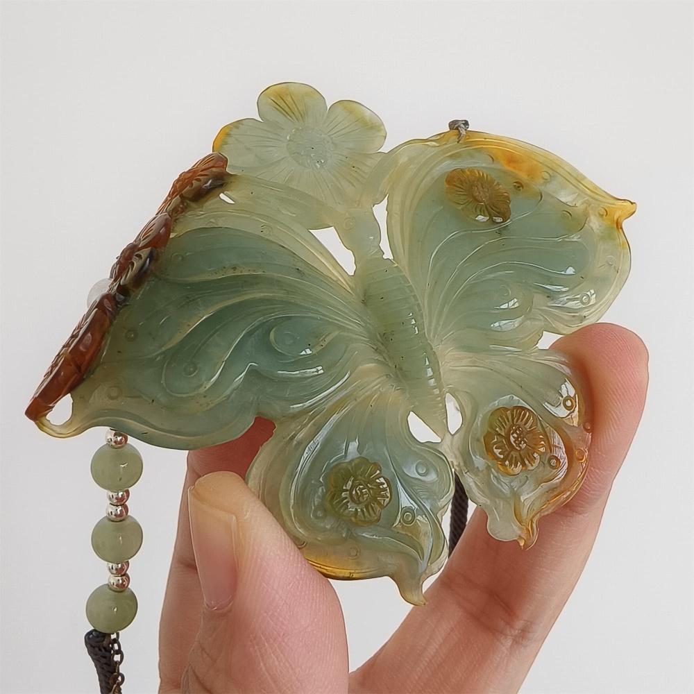 DDP 69mm Unique Untreated Natural Yellow Green Serpentine Jade Butterfly Pendant