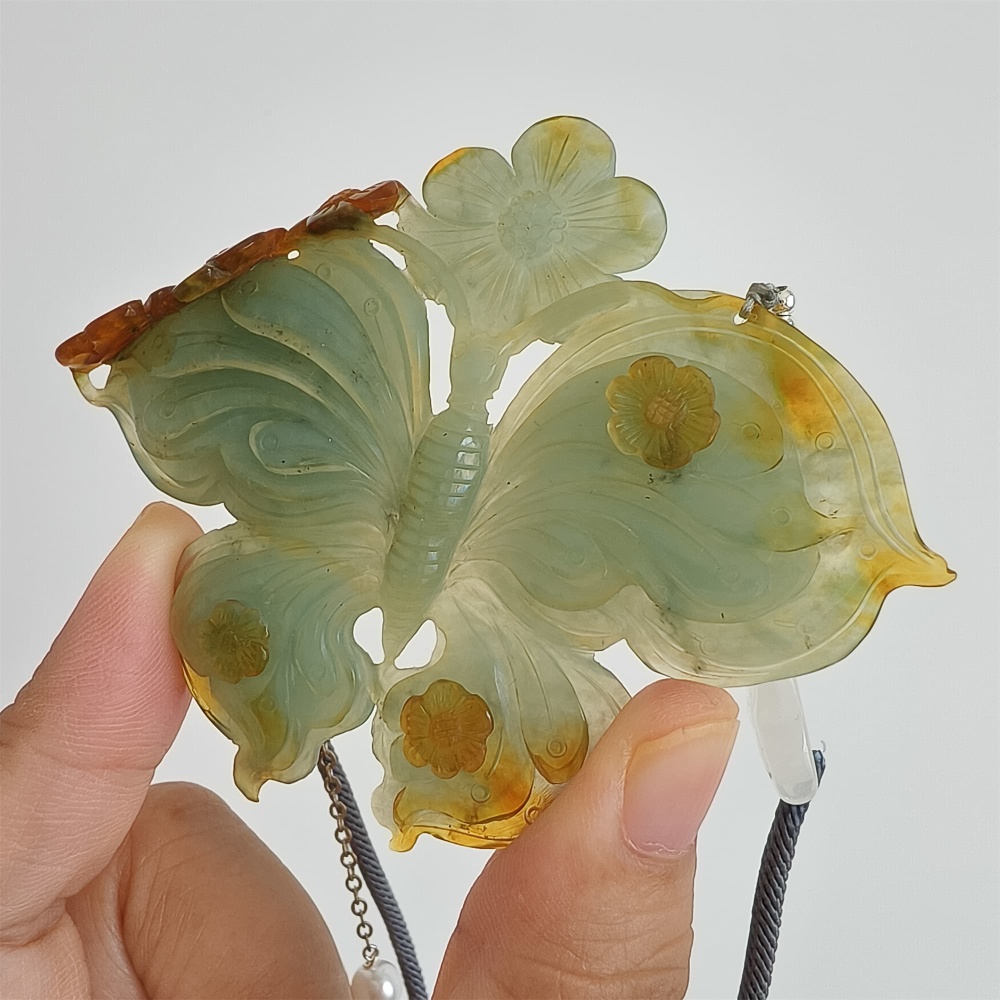 DDP 69mm Unique Untreated Natural Yellow Green Serpentine Jade Butterfly Pendant