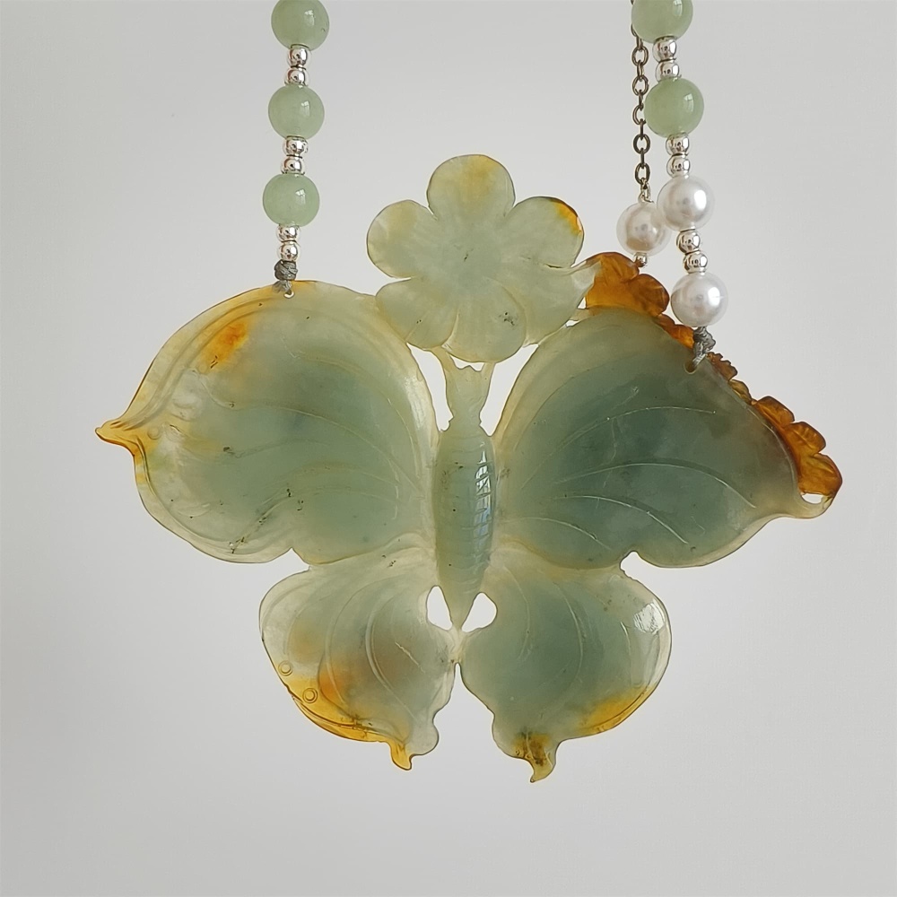 DDP 69mm Unique Untreated Natural Yellow Green Serpentine Jade Butterfly Pendant