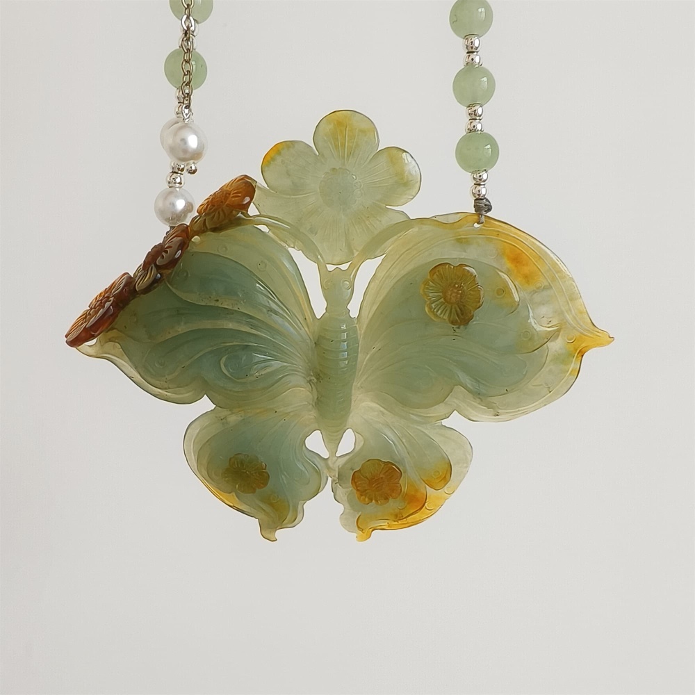 DDP 69mm Unique Untreated Natural Yellow Green Serpentine Jade Butterfly Pendant