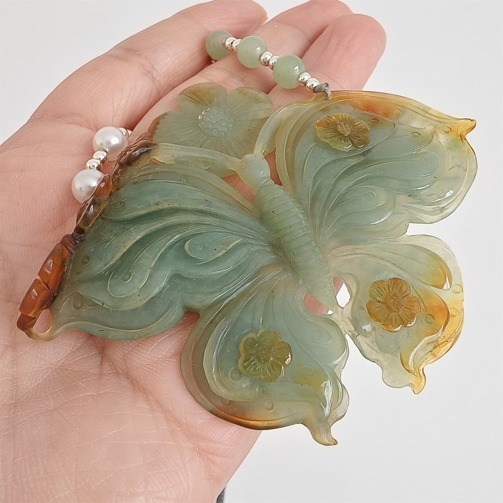 DDP 69mm Unique Untreated Natural Yellow Green Serpentine Jade Butterfly Pendant