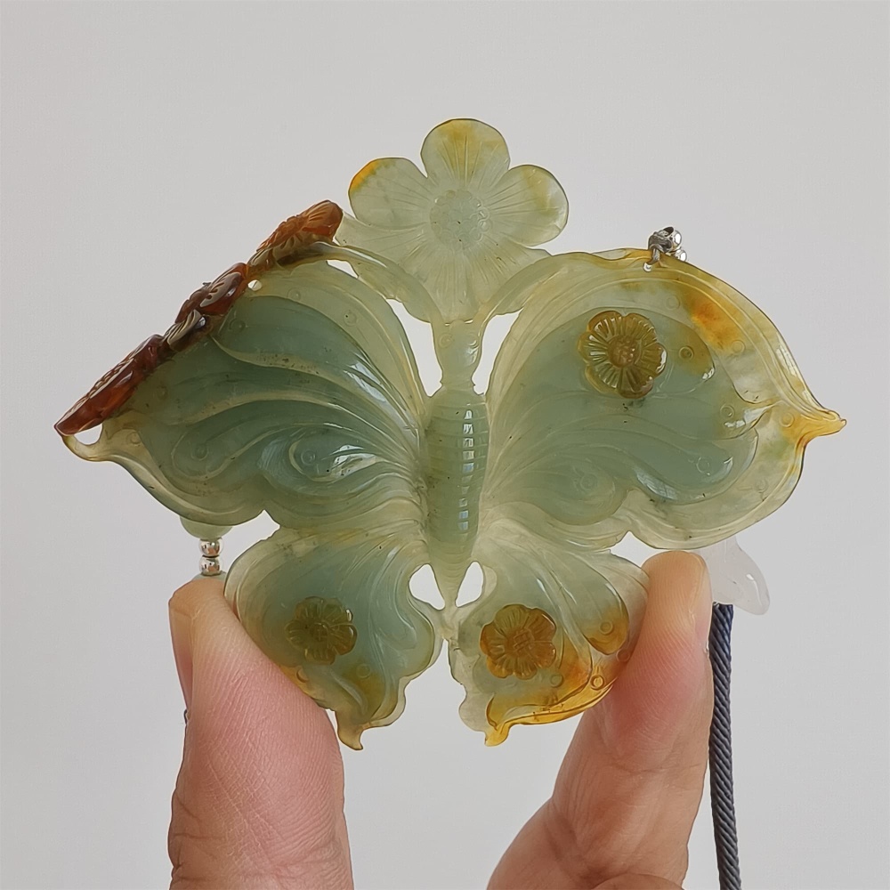 DDP 69mm Unique Untreated Natural Yellow Green Serpentine Jade Butterfly Pendant
