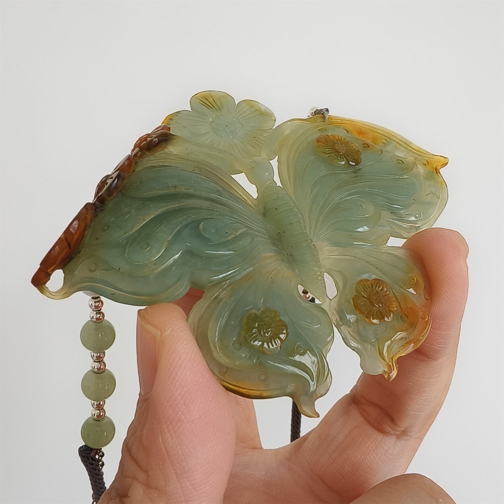 DDP 69mm Unique Untreated Natural Yellow Green Serpentine Jade Butterfly Pendant