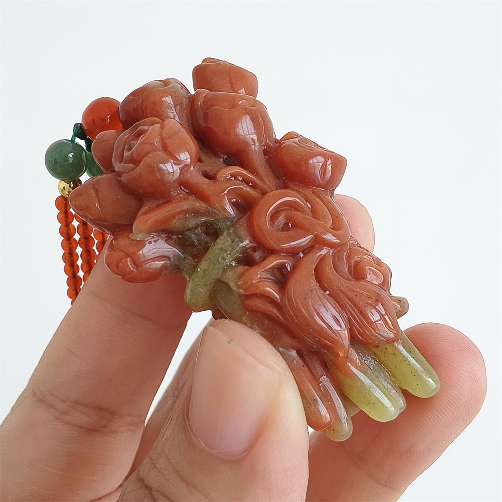 DDP 55mm Unique Untreated Natural Red Yellow Serpentine Jade Flower Pendant