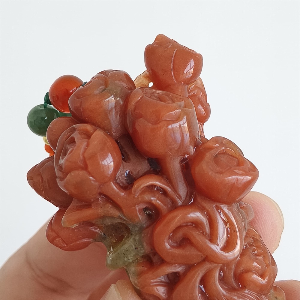 DDP 55mm Unique Untreated Natural Red Yellow Serpentine Jade Flower Pendant