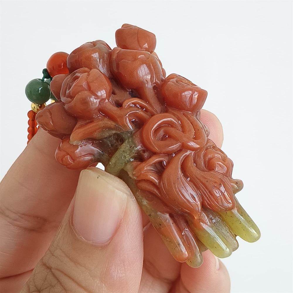 DDP 55mm Unique Untreated Natural Red Yellow Serpentine Jade Flower Pendant