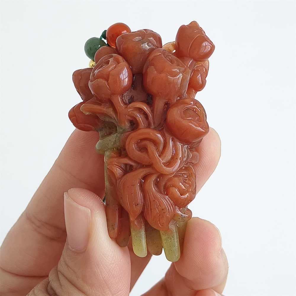 DDP 55mm Unique Untreated Natural Red Yellow Serpentine Jade Flower Pendant