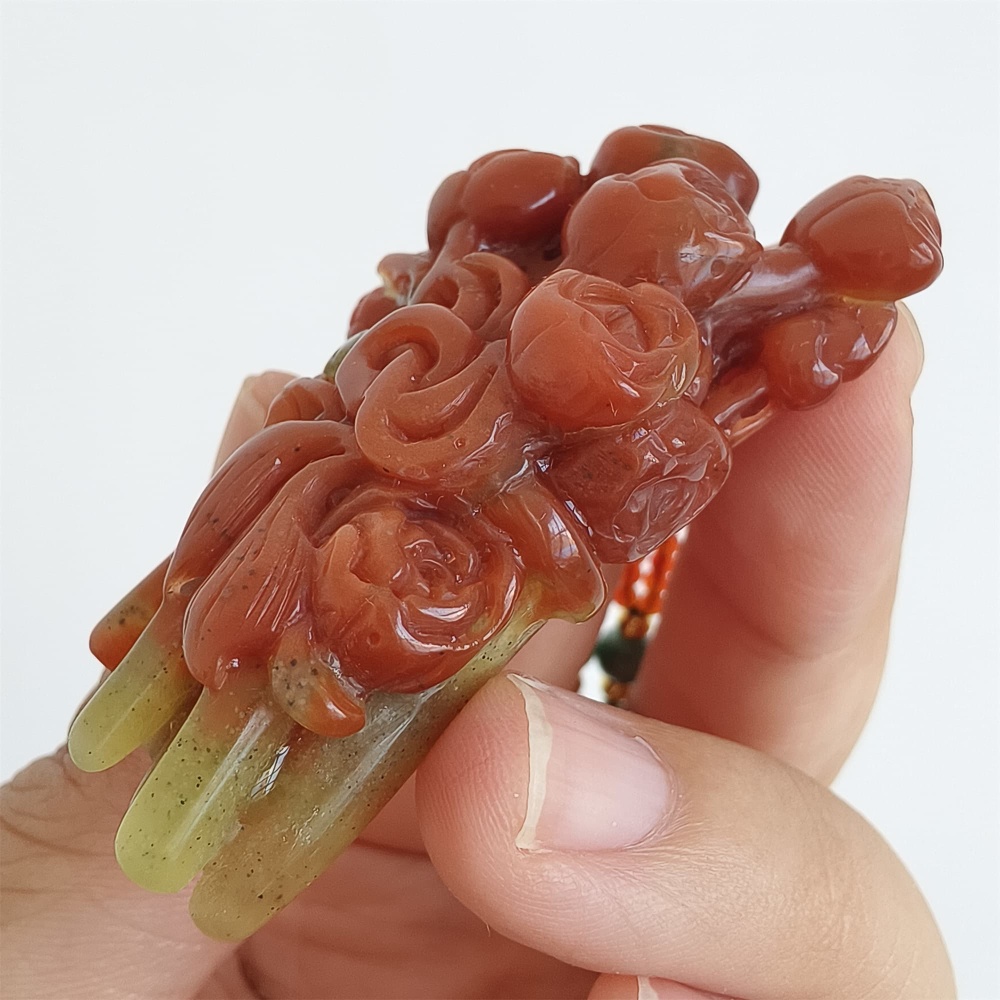 DDP 55mm Unique Untreated Natural Red Yellow Serpentine Jade Flower Pendant