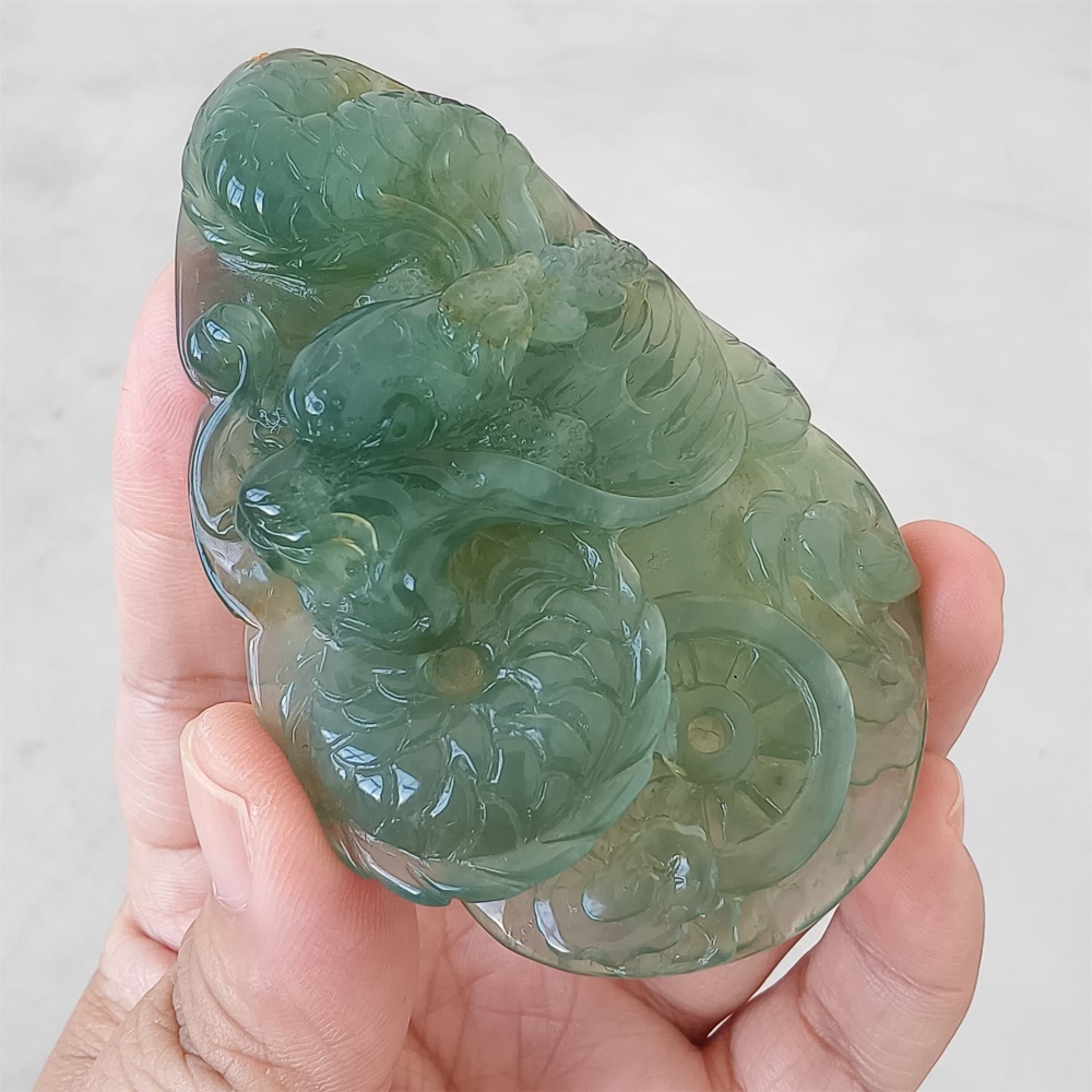DDP 82mm Unique Untreated Natural Icy Green Serpentine Jade Dragon Amulet Pendant