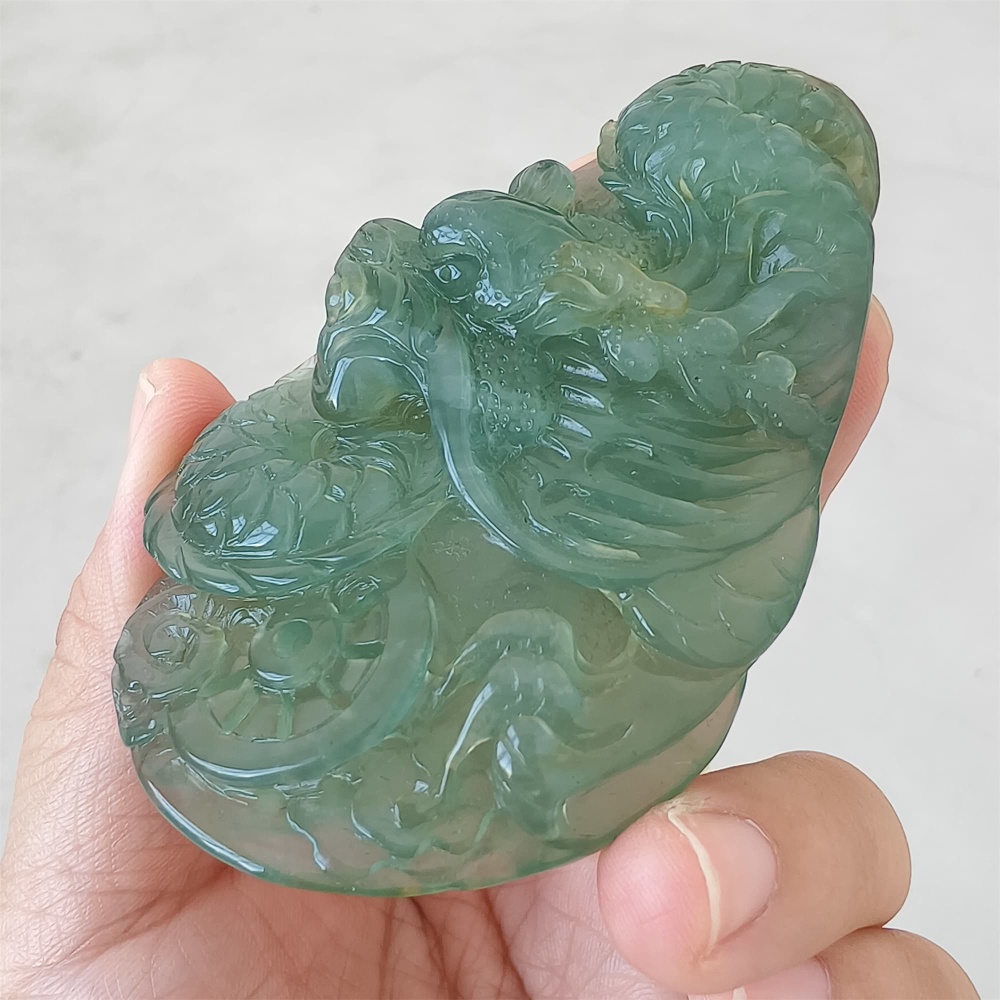 DDP 82mm Unique Untreated Natural Icy Green Serpentine Jade Dragon Amulet Pendant