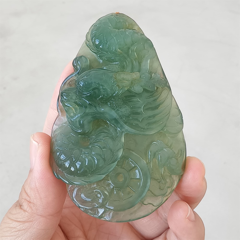 DDP 82mm Unique Untreated Natural Icy Green Serpentine Jade Dragon Amulet Pendant