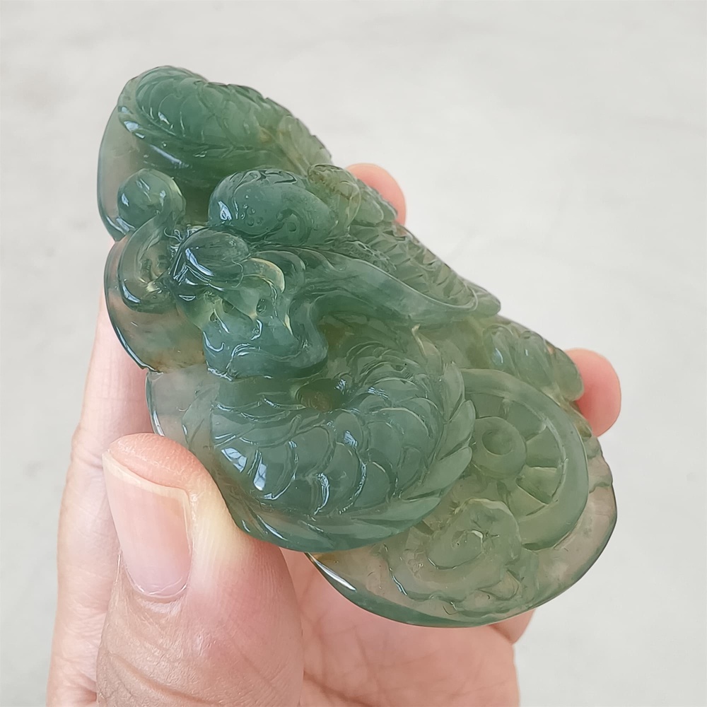 DDP 82mm Unique Untreated Natural Icy Green Serpentine Jade Dragon Amulet Pendant