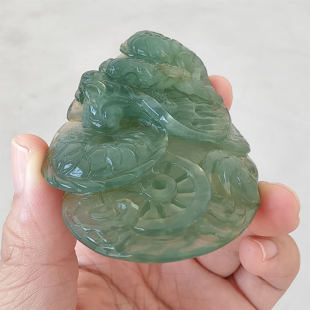 DDP 82mm Unique Untreated Natural Icy Green Serpentine Jade Dragon Amulet Pendant