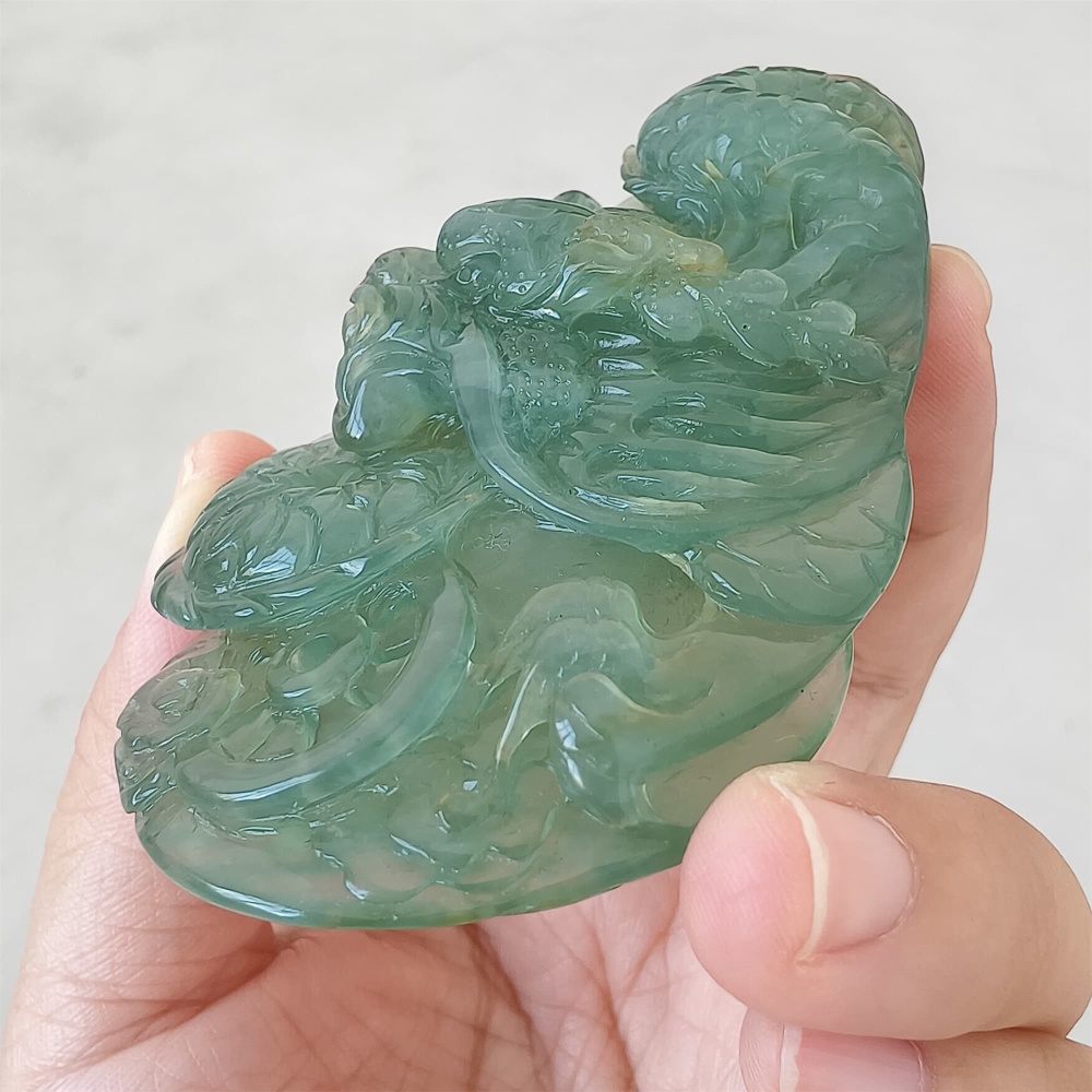 DDP 82mm Unique Untreated Natural Icy Green Serpentine Jade Dragon Amulet Pendant
