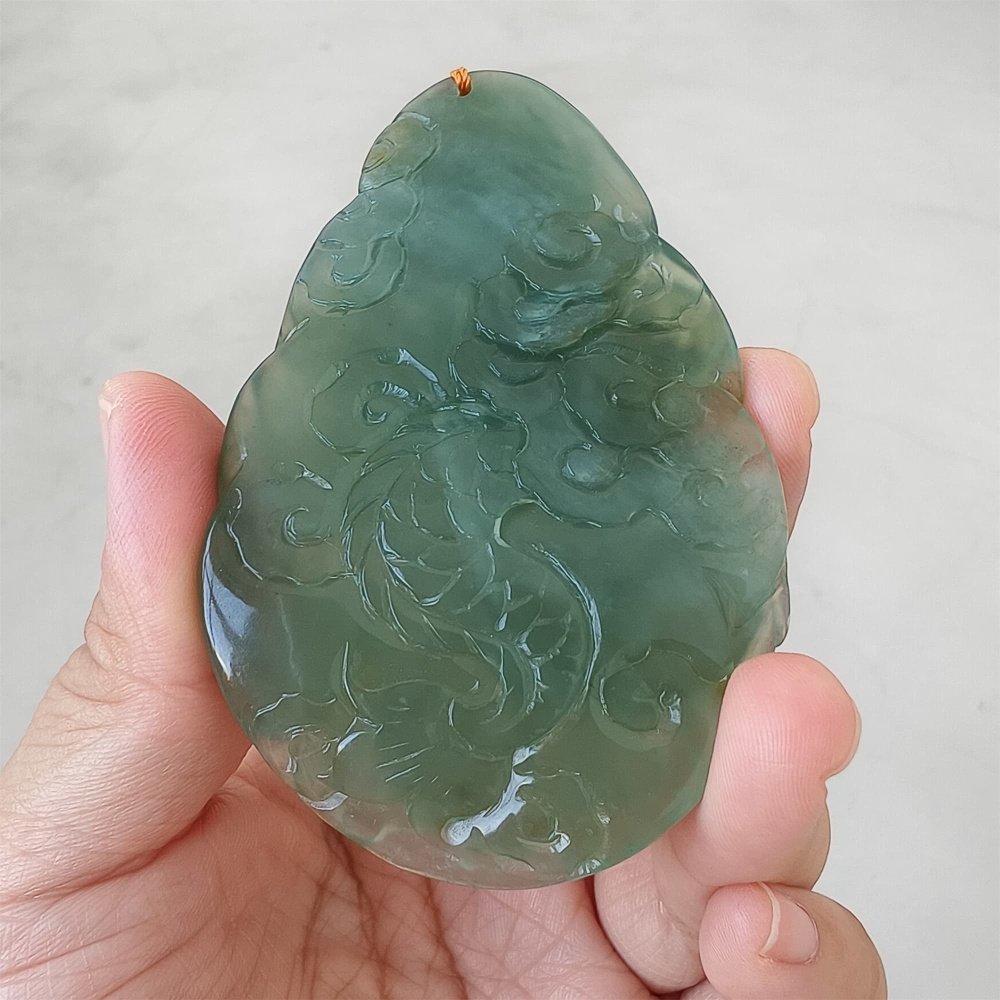 DDP 82mm Unique Untreated Natural Icy Green Serpentine Jade Dragon Amulet Pendant