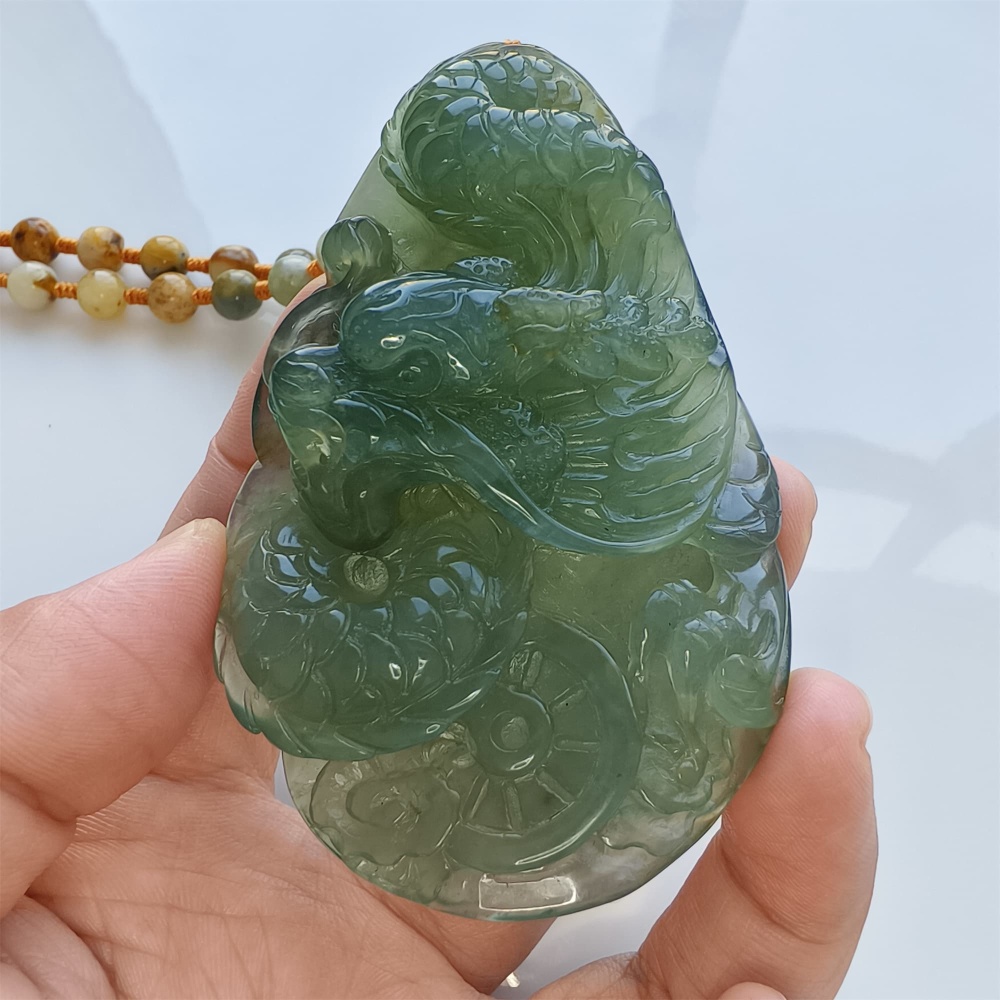 DDP 82mm Unique Untreated Natural Icy Green Serpentine Jade Dragon Amulet Pendant