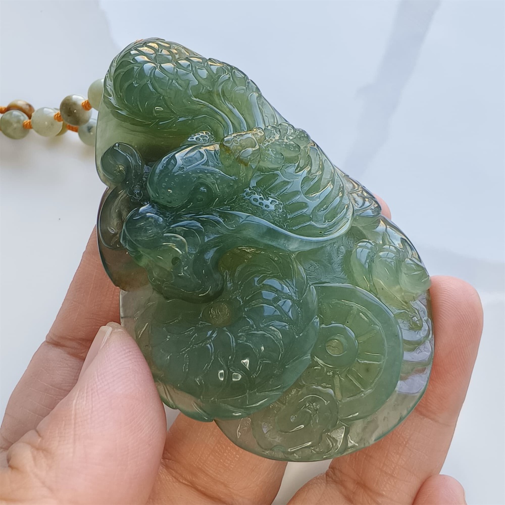 DDP 82mm Unique Untreated Natural Icy Green Serpentine Jade Dragon Amulet Pendant
