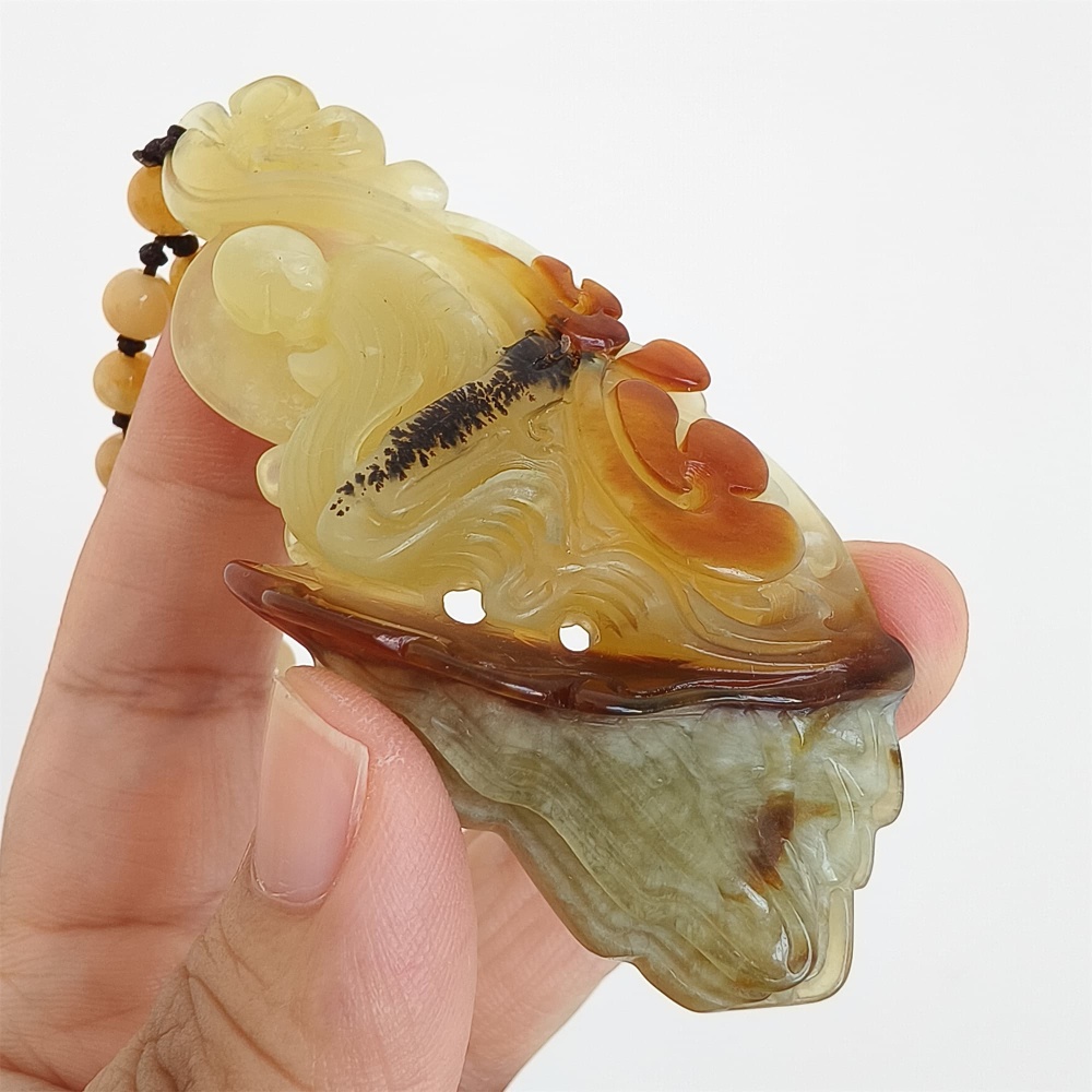 DDP 81mm Unique Untreated Natural Icy Brown Green Serpentine Jade 悟道 Amulet Pendant