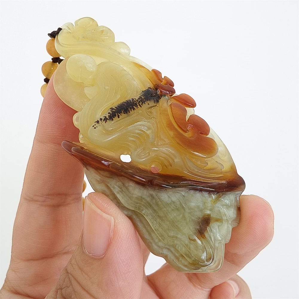 DDP 81mm Unique Untreated Natural Icy Brown Green Serpentine Jade 悟道 Amulet Pendant
