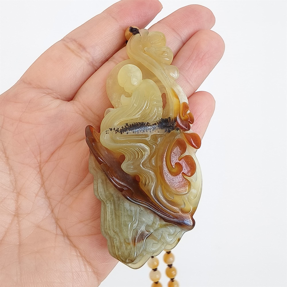 DDP 81mm Unique Untreated Natural Icy Brown Green Serpentine Jade 悟道 Amulet Pendant