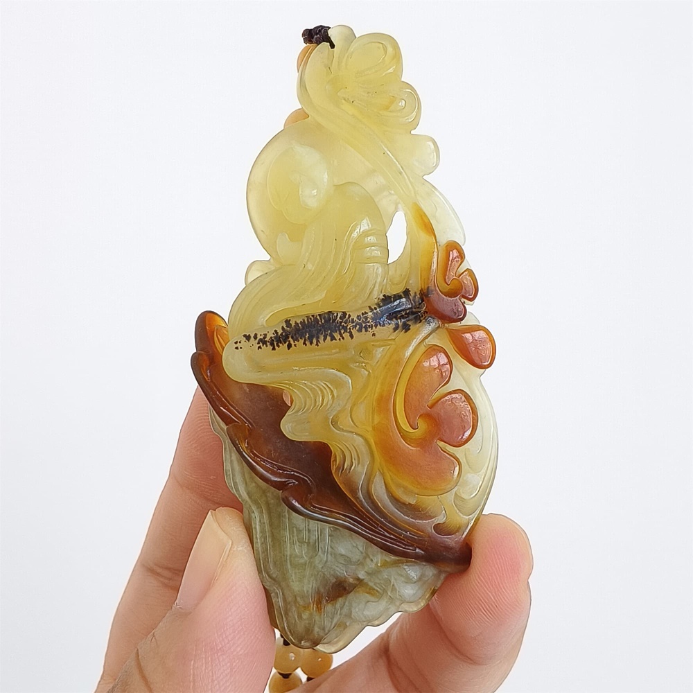 DDP 81mm Unique Untreated Natural Icy Brown Green Serpentine Jade 悟道 Amulet Pendant