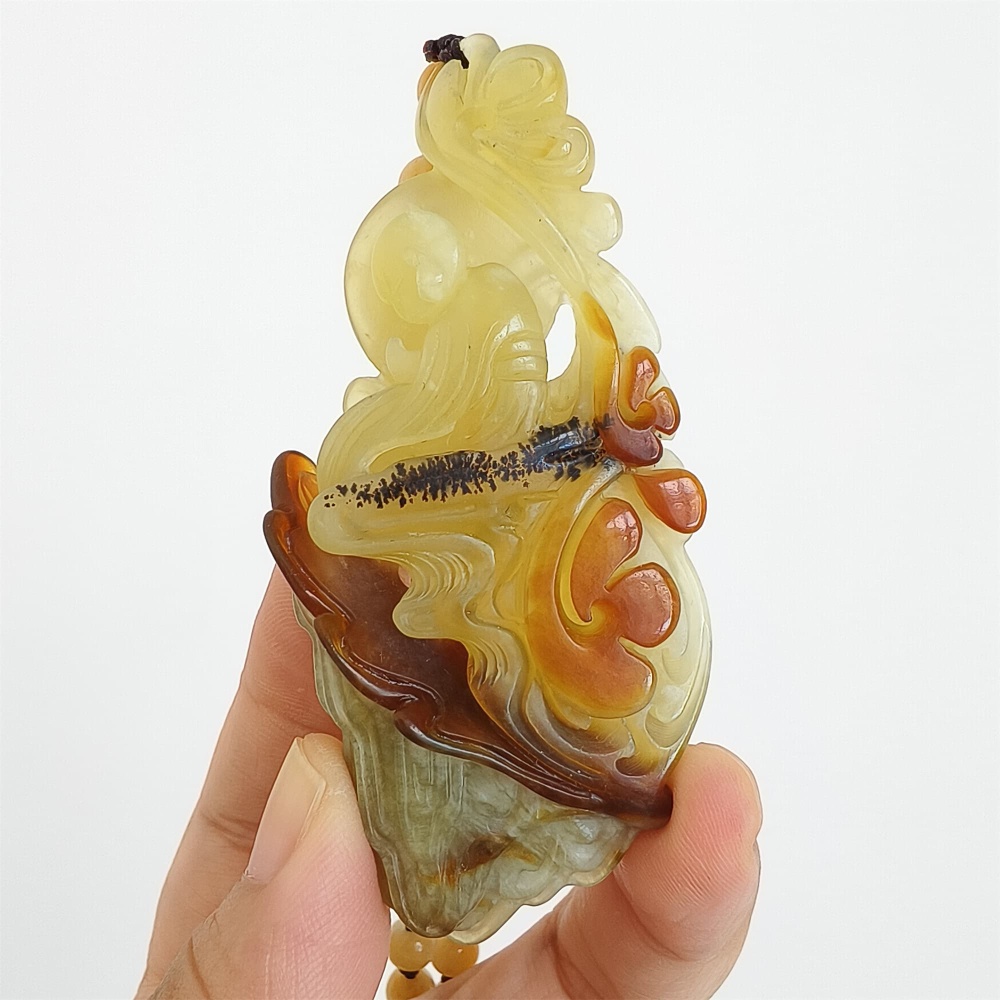 DDP 81mm Unique Untreated Natural Icy Brown Green Serpentine Jade 悟道 Amulet Pendant