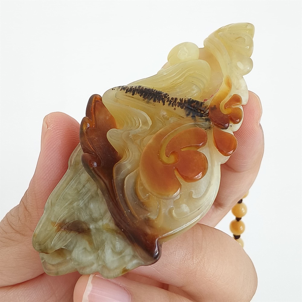 DDP 81mm Unique Untreated Natural Icy Brown Green Serpentine Jade 悟道 Amulet Pendant