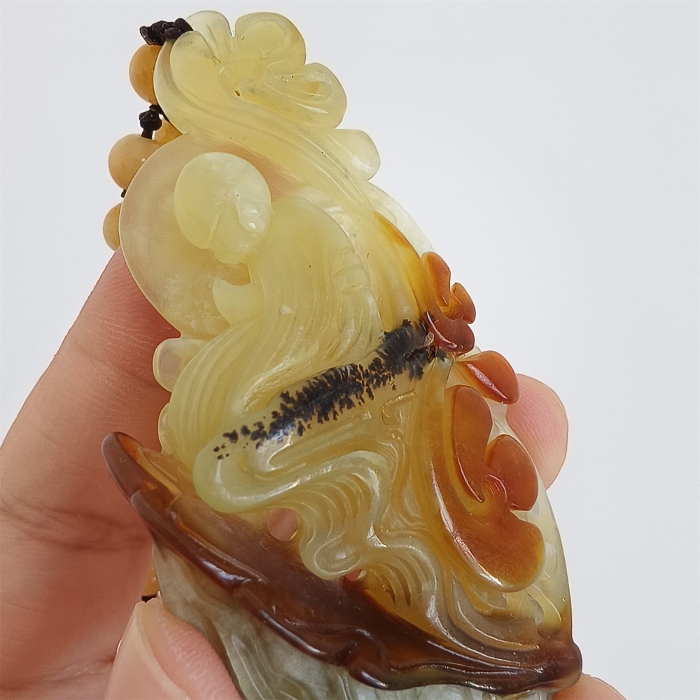 DDP 81mm Unique Untreated Natural Icy Brown Green Serpentine Jade 悟道 Amulet Pendant