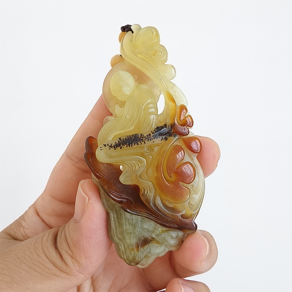 DDP 81mm Unique Untreated Natural Icy Brown Green Serpentine Jade 悟道 Amulet Pendant