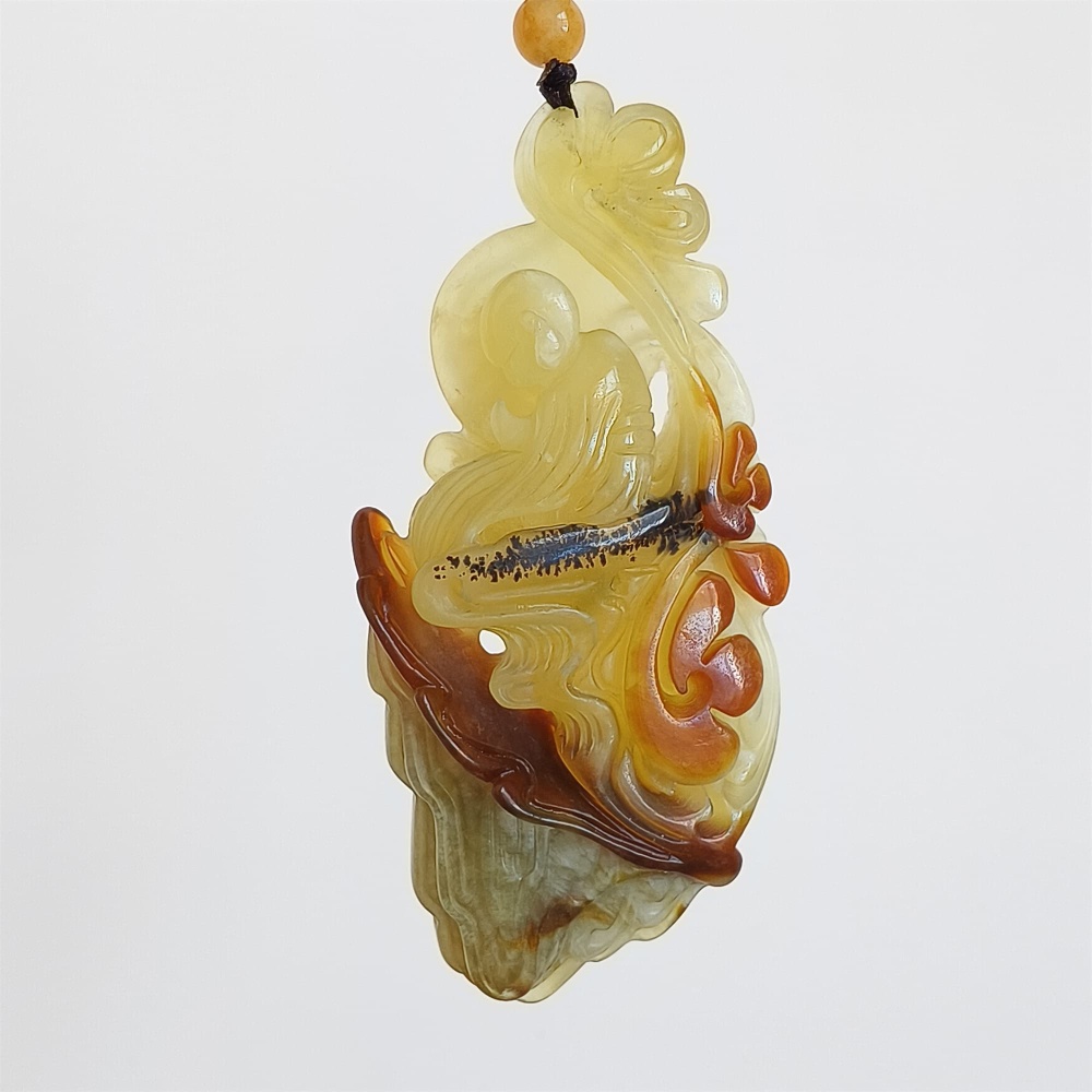 DDP 81mm Unique Untreated Natural Icy Brown Green Serpentine Jade 悟道 Amulet Pendant