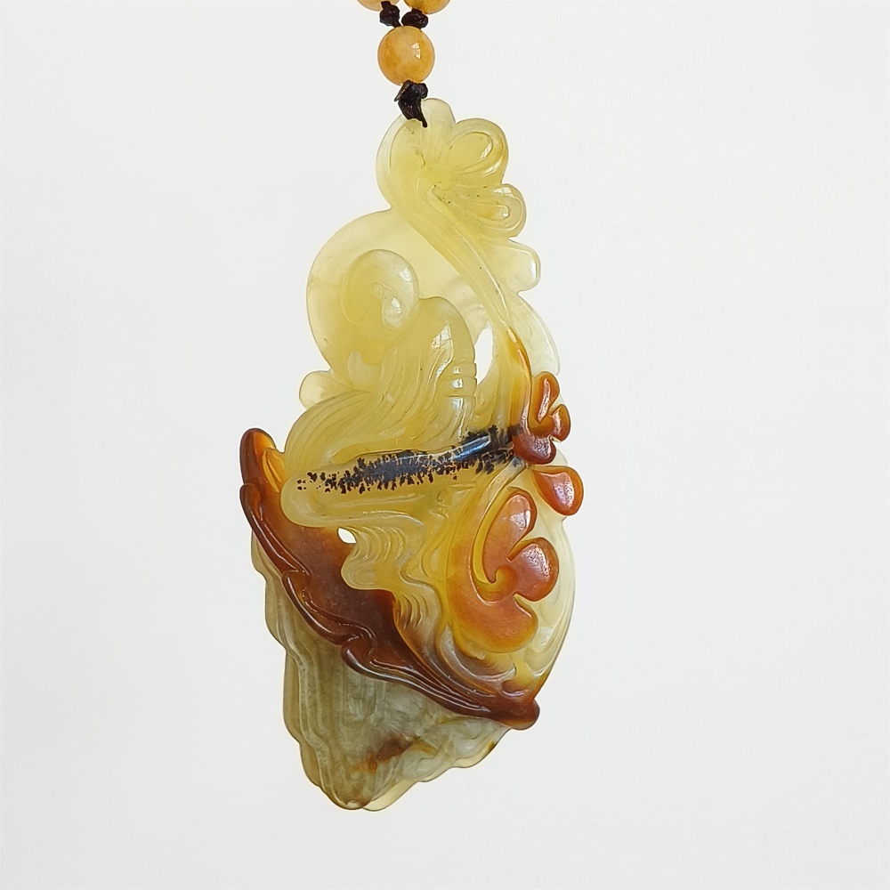 DDP 81mm Unique Untreated Natural Icy Brown Green Serpentine Jade 悟道 Amulet Pendant